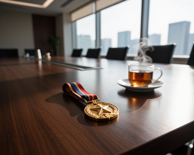 Symbolic representation of military service recognition in a Korean corporate setting